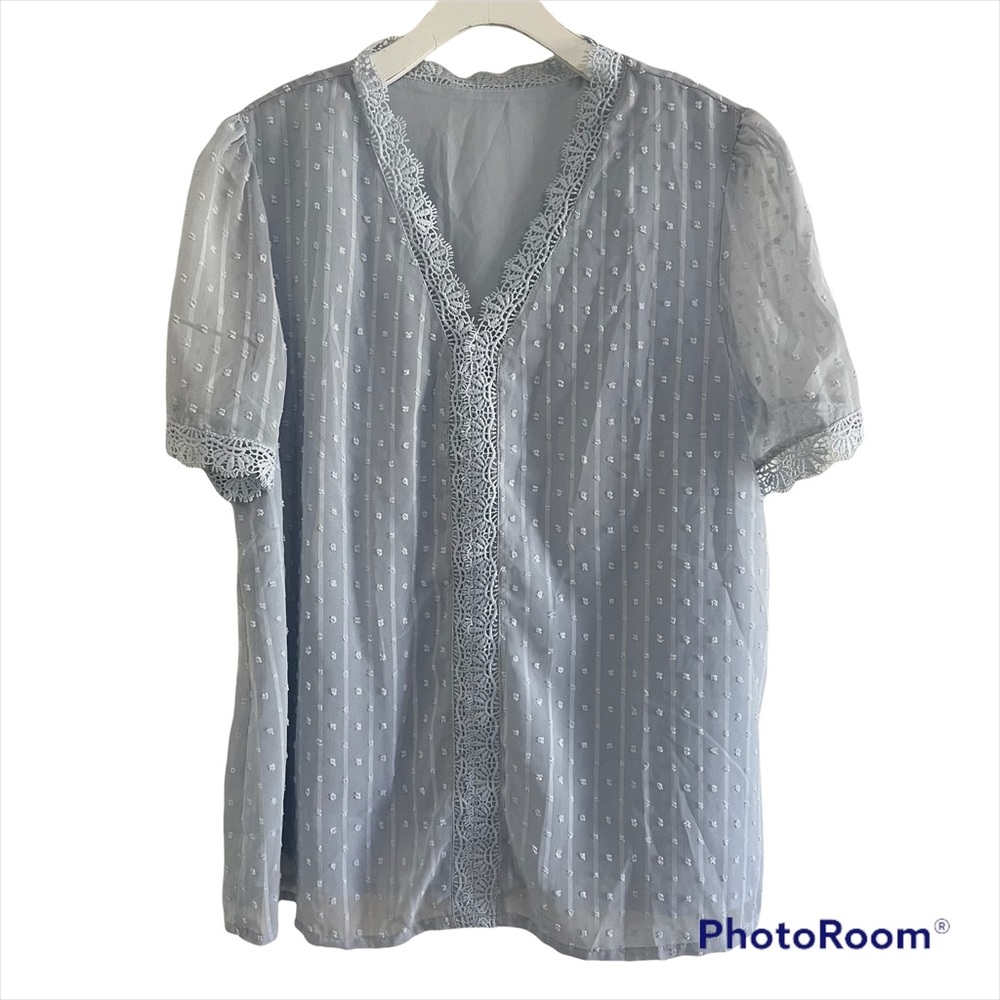 Sky Blue Lace Splicing V-Neck Swiss Dot Short Sleeve Blouse